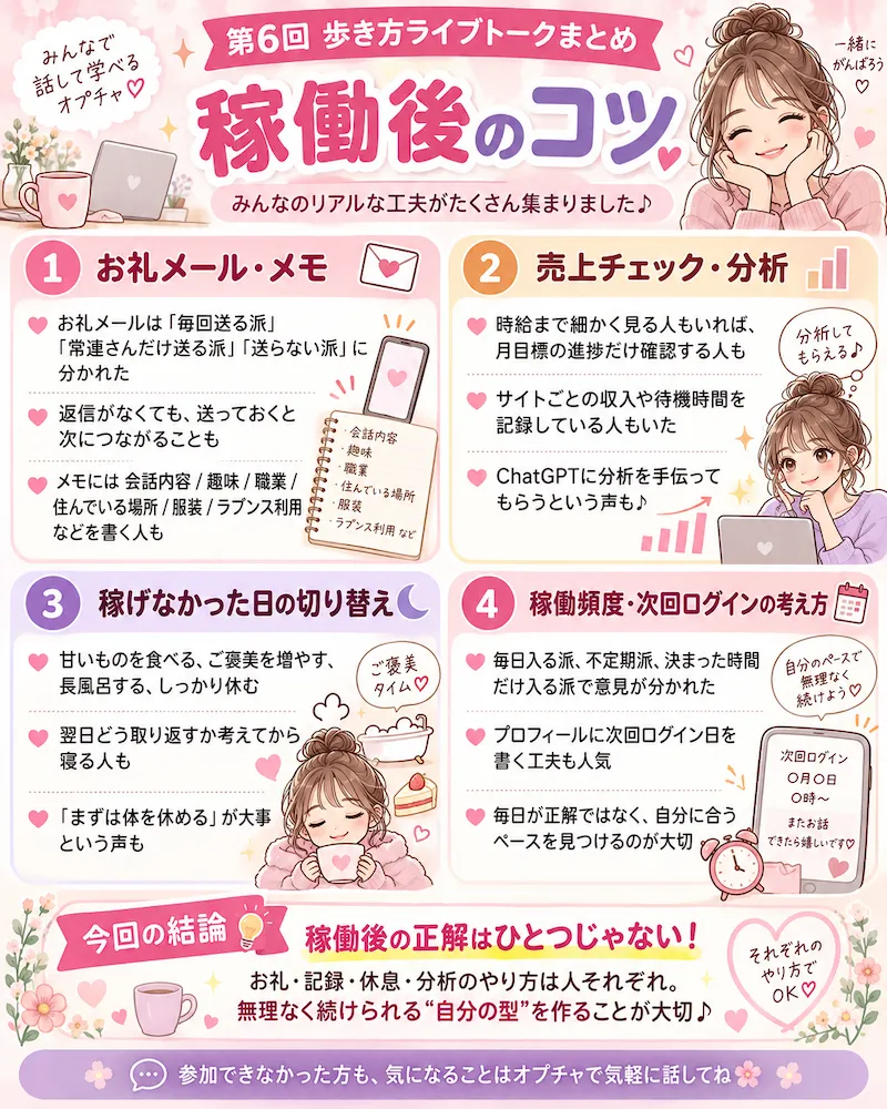 第6回歩き方ライブトークまとめ:お礼メール・メモ・売上分析・メンタル・稼働頻度の4つのポイント